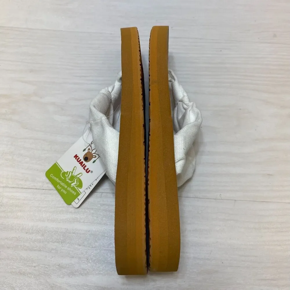 KUAILU Yoga Mat Thong Sandals Women's Size 7.5 White Brown Slip On‎ Casual Shoes